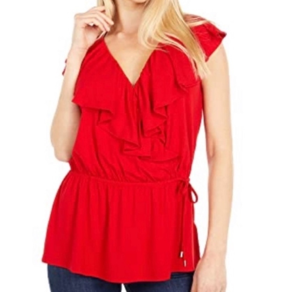 Lauren Ralph Lauren Red Ruffle Trim Sleeveless Women’s Top Size Large